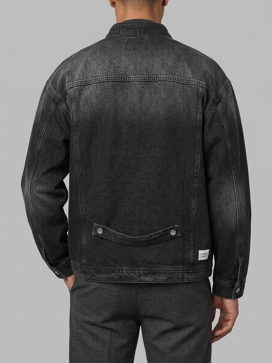 Ivrea Men's Snap-Collar Zip Denim Jacket — black — back