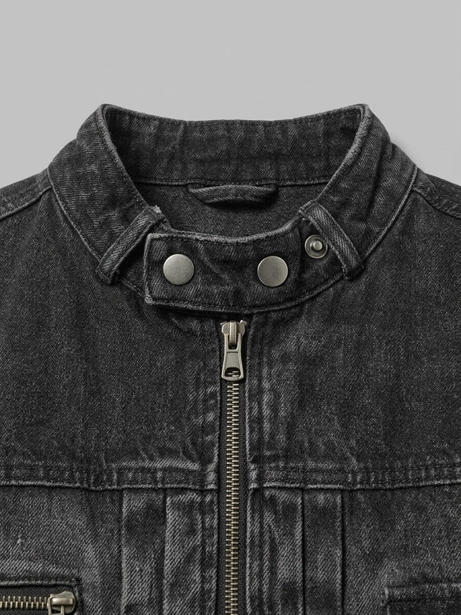 Ivrea Men's Snap-Collar Zip Denim Jacket — black — detail-2