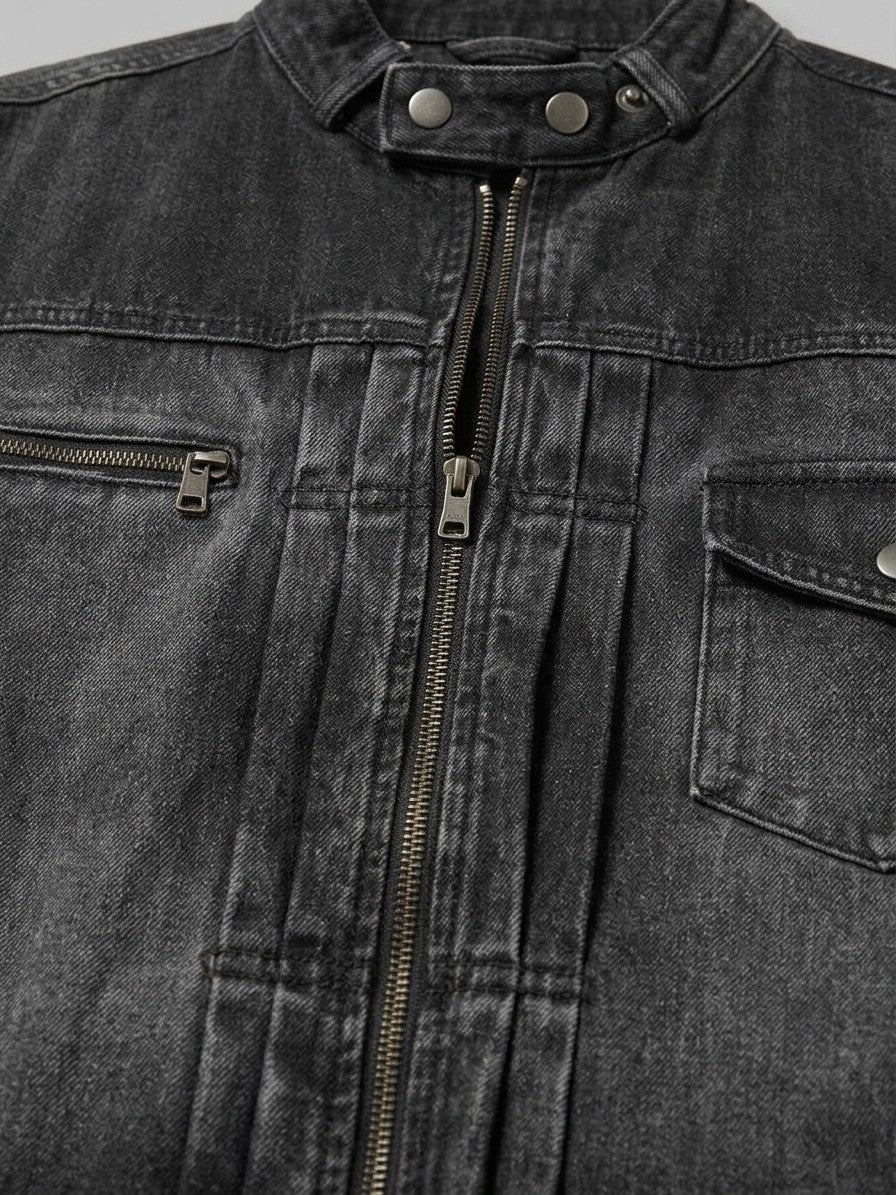 Ivrea Men's Snap-Collar Zip Denim Jacket — black — detail