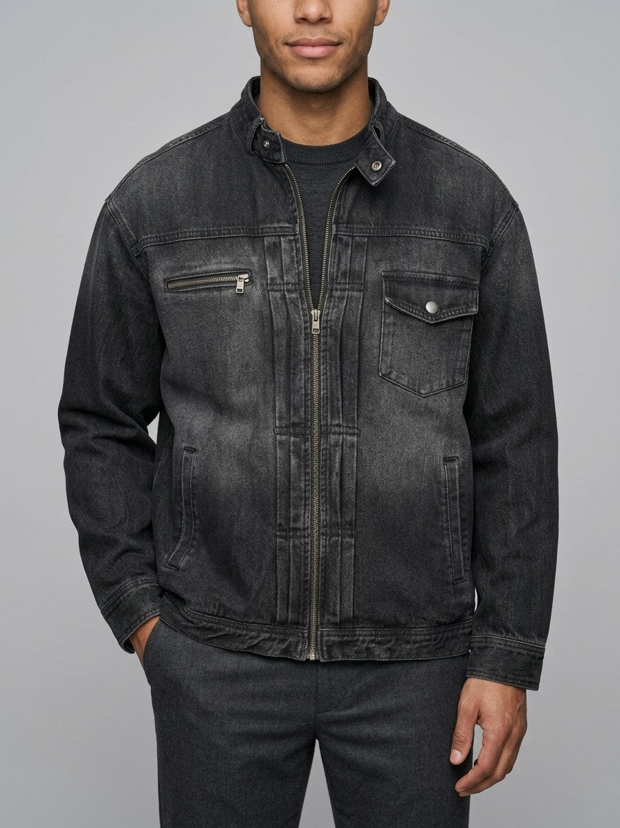 Ivrea Men's Snap-Collar Zip Denim Jacket — black — front