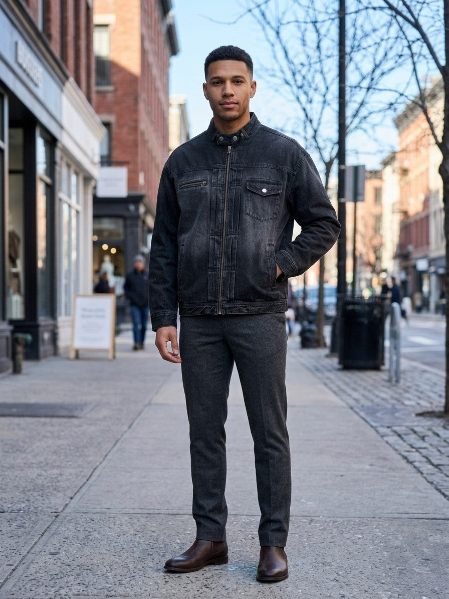 Ivrea Men's Snap-Collar Zip Denim Jacket — black — lifestyle