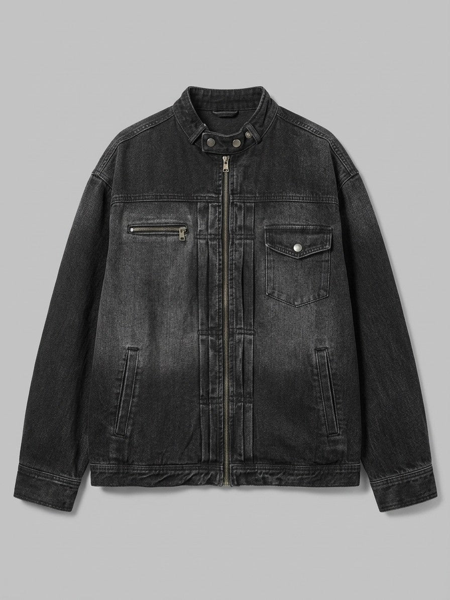 Ivrea Men's Snap-Collar Zip Denim Jacket — black — packshot
