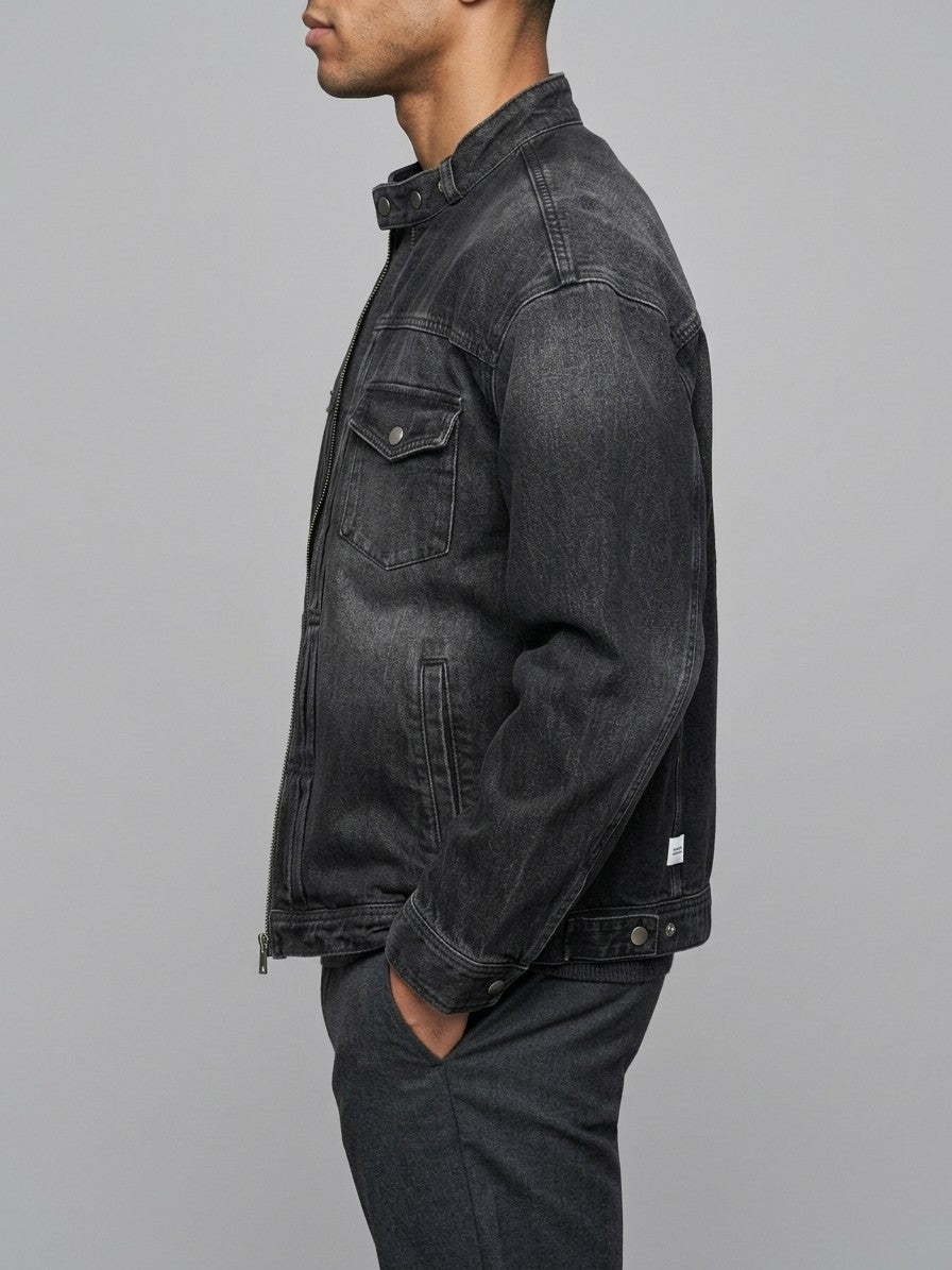 Ivrea Men's Snap-Collar Zip Denim Jacket — black — side