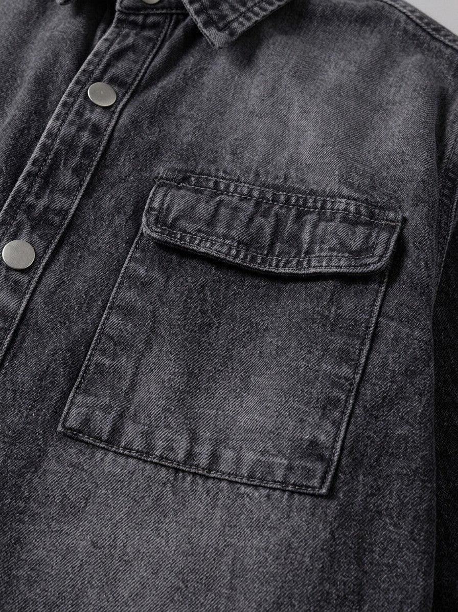 Jesi Men's Snap-Front Denim Shirt Jacket — washedblack — detail-collar