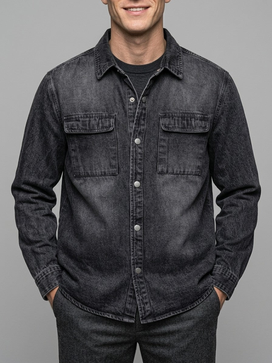 Jesi Men's Snap-Front Denim Shirt Jacket — washedblack — front