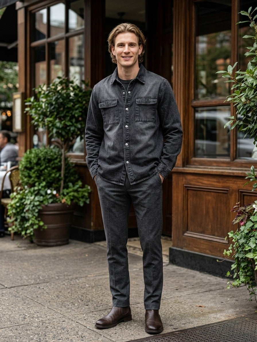 Jesi Men's Snap-Front Denim Shirt Jacket — washedblack — lifestyle