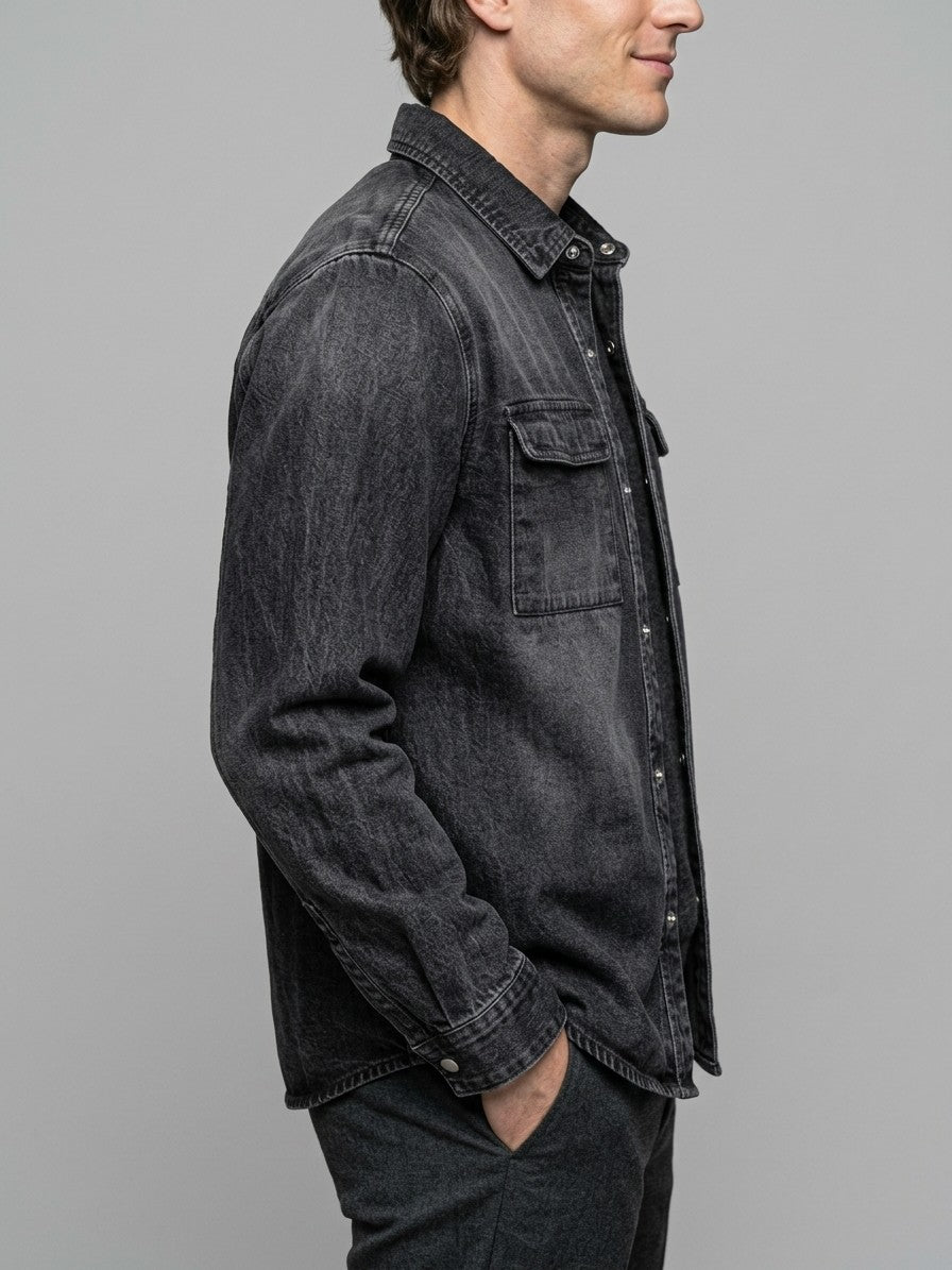 Jesi Men's Snap-Front Denim Shirt Jacket — washedblack — side