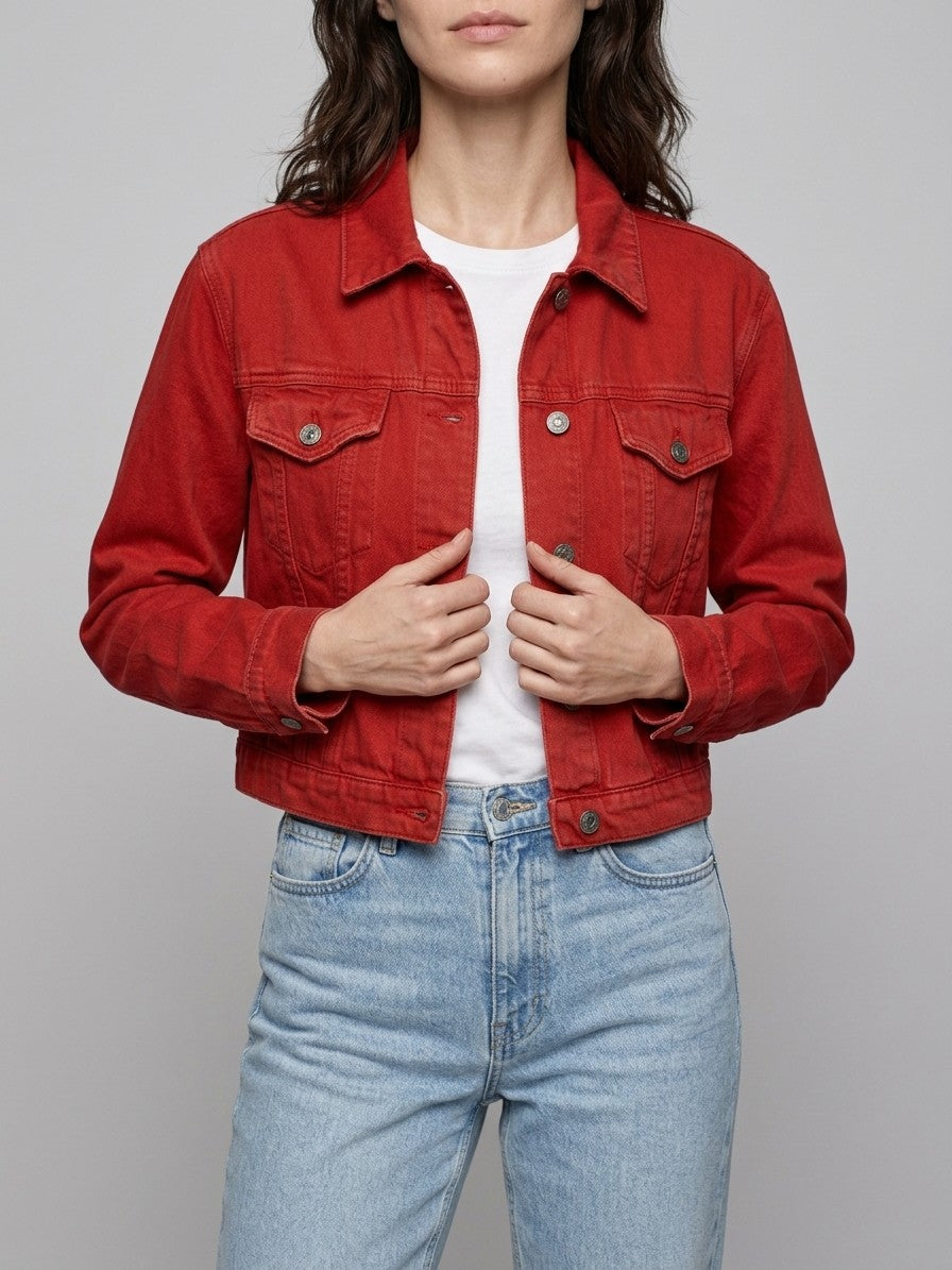 Jesolo Women's Cropped Trucker Denim Jacket — scarlet — front