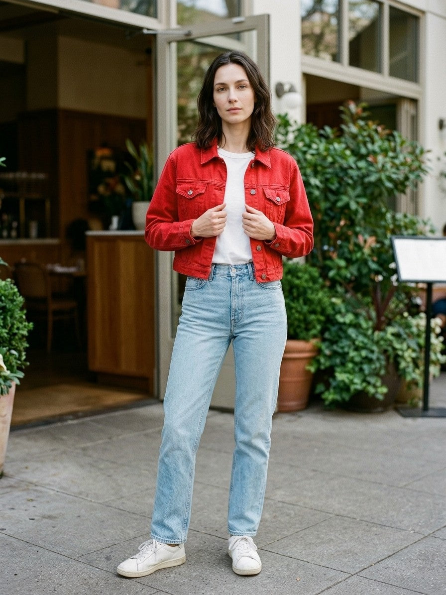 Jesolo Women's Cropped Trucker Denim Jacket — scarlet — lifestyle