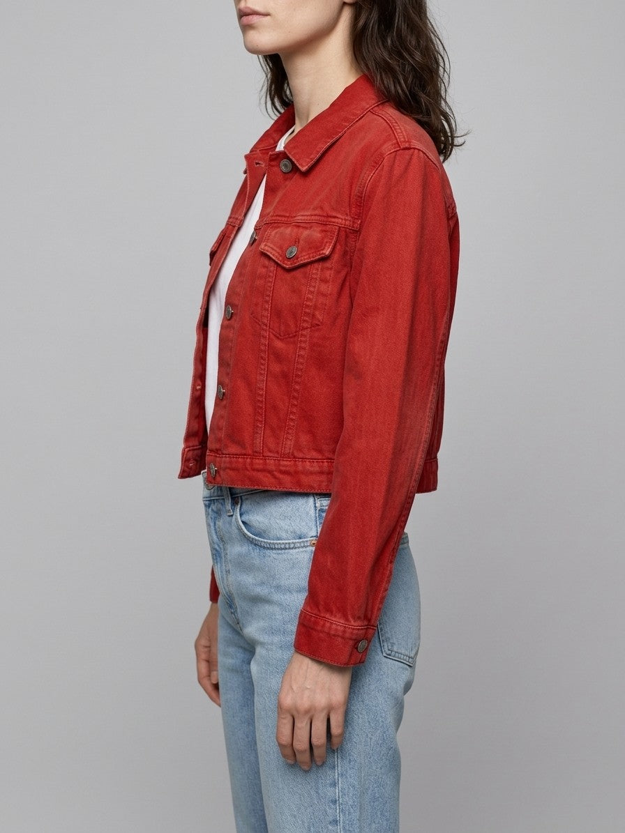 Jesolo Women's Cropped Trucker Denim Jacket — scarlet — side