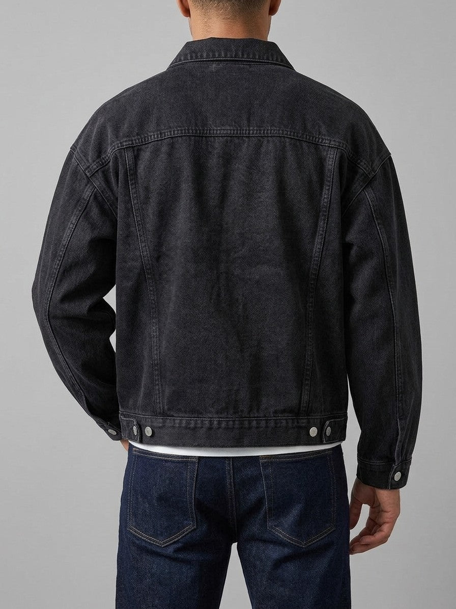 Laglio Men's Oversized Drop-Shoulder Denim Trucker Jacket — washedblack — back