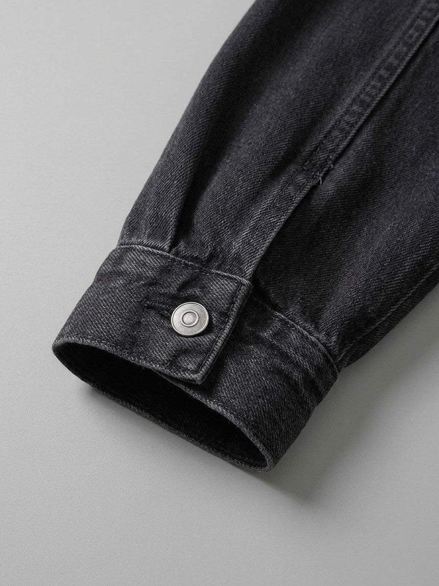 Laglio Men's Oversized Drop-Shoulder Denim Trucker Jacket — washedblack — detail-collar