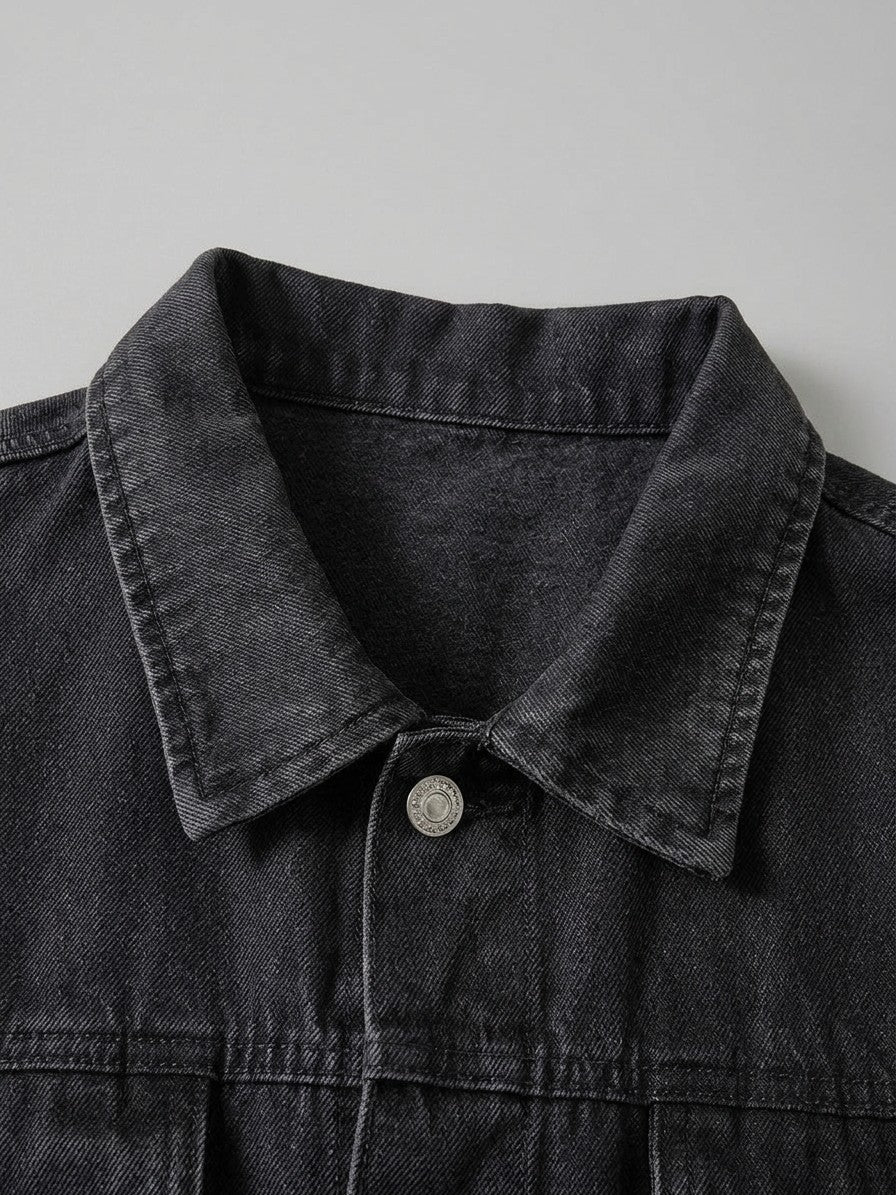 Laglio Men's Oversized Drop-Shoulder Denim Trucker Jacket — washedblack — detail