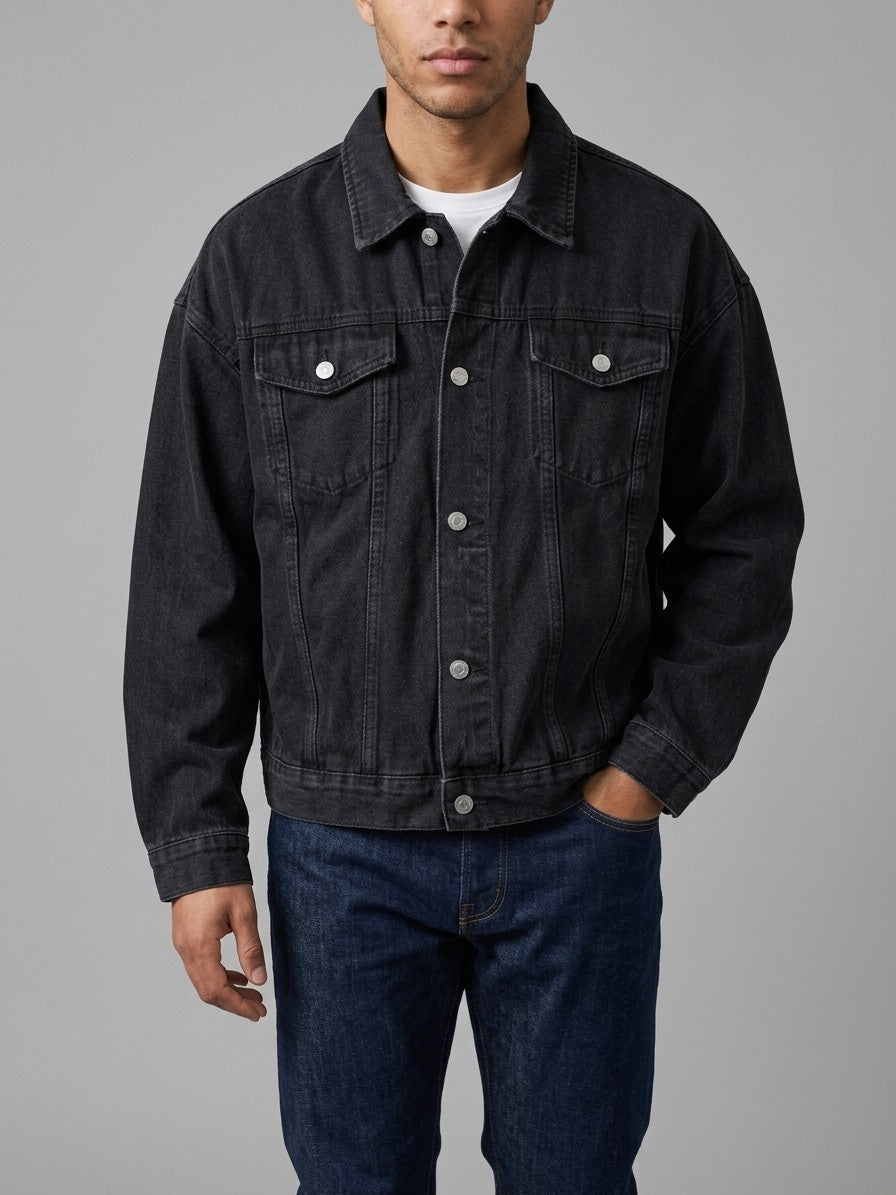 Laglio Men's Oversized Drop-Shoulder Denim Trucker Jacket — washedblack — front