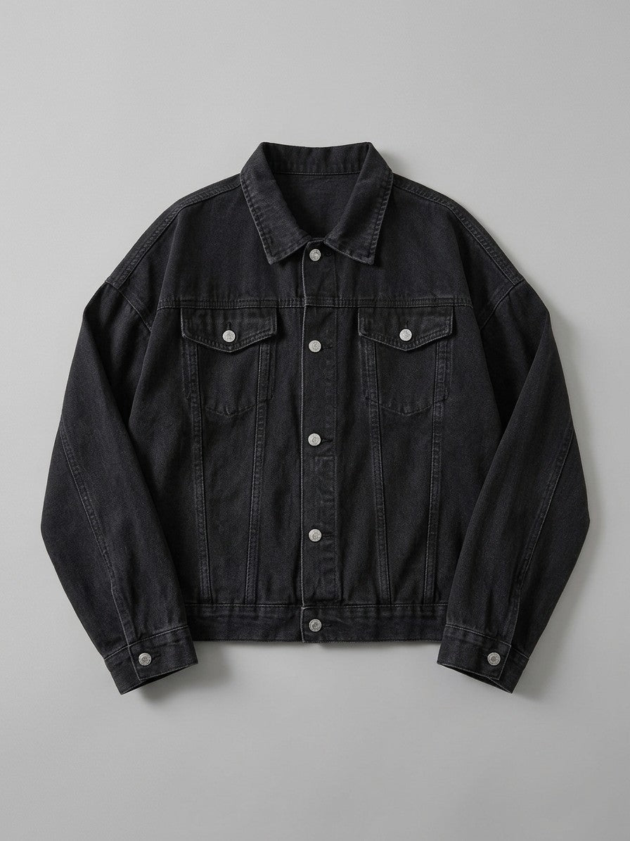 Laglio Men's Oversized Drop-Shoulder Denim Trucker Jacket — washedblack — packshot