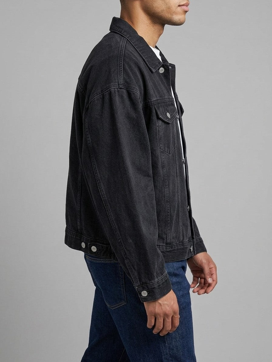 Laglio Men's Oversized Drop-Shoulder Denim Trucker Jacket — washedblack — side