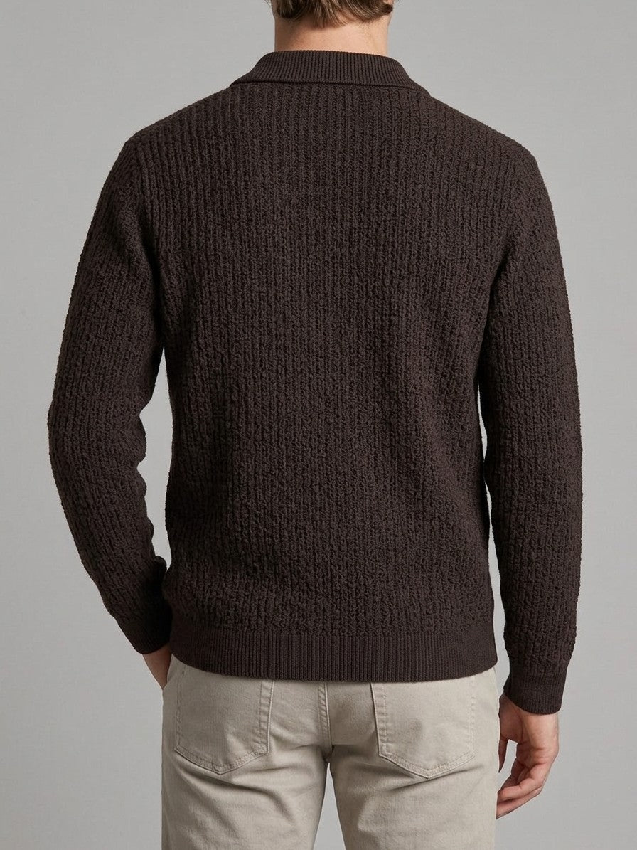 Larino Men's Polo-Collar Wool-Blend Cardigan — espressobrown — back
