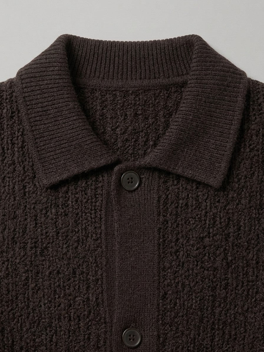 Larino Men's Polo-Collar Wool-Blend Cardigan — espressobrown — detail