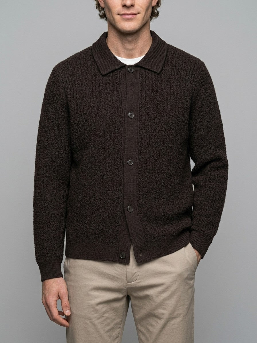 Larino Men's Polo-Collar Wool-Blend Cardigan — espressobrown — front