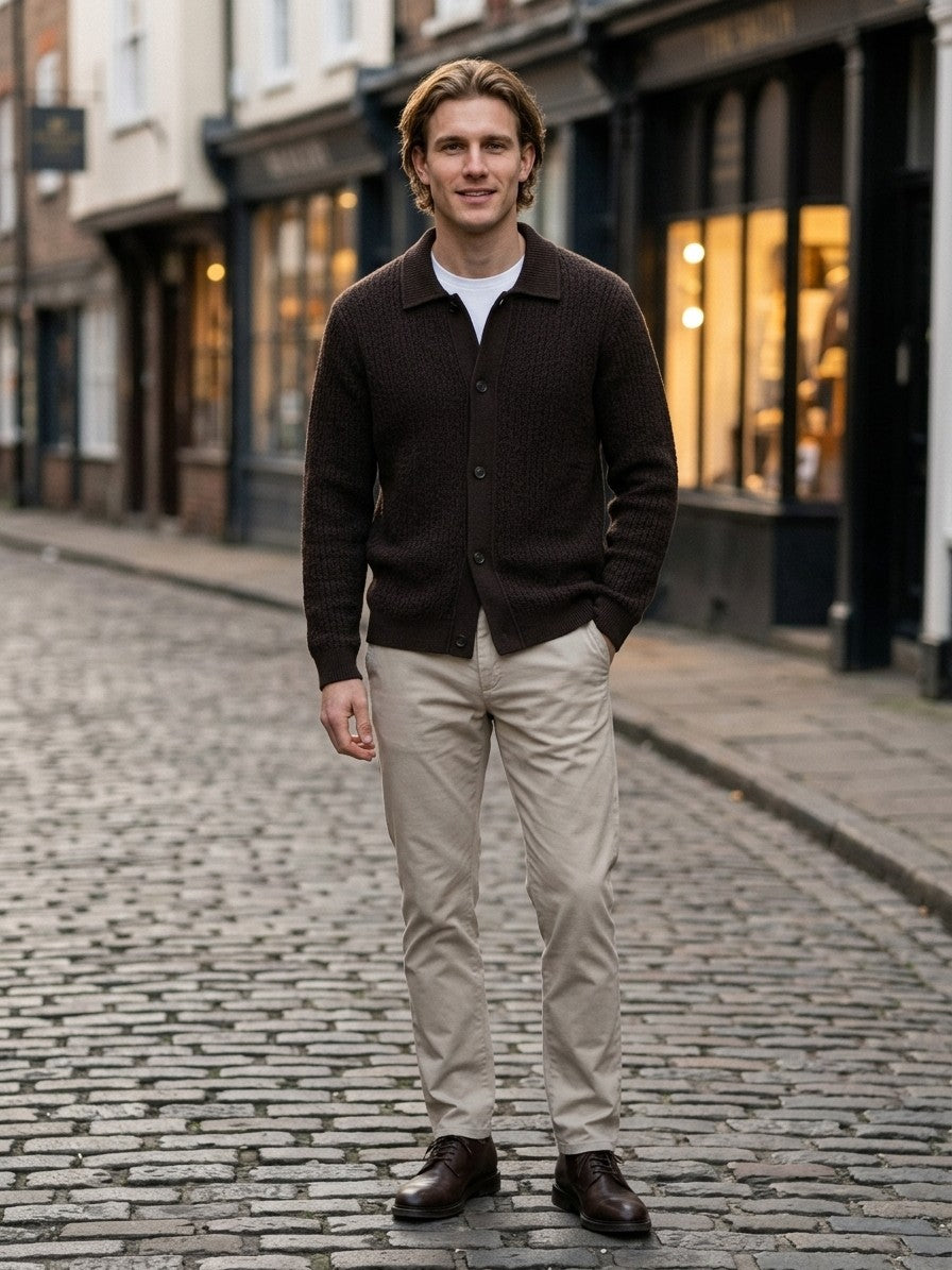 Larino Men's Polo-Collar Wool-Blend Cardigan — espressobrown — lifestyle