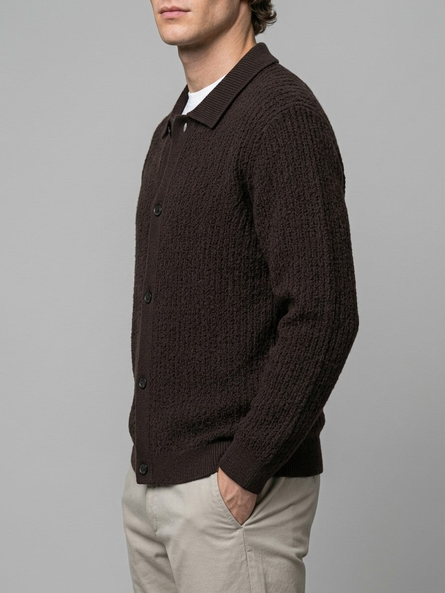 Larino Men's Polo-Collar Wool-Blend Cardigan — espressobrown — side