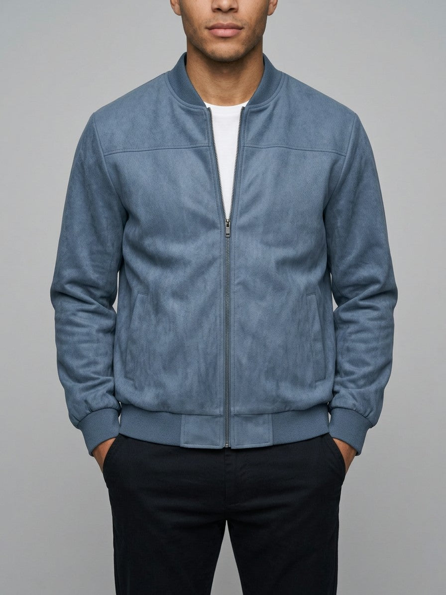 Latisana Men's Faux Suede Rib-Collar Bomber Jacket — oceanblue — front
