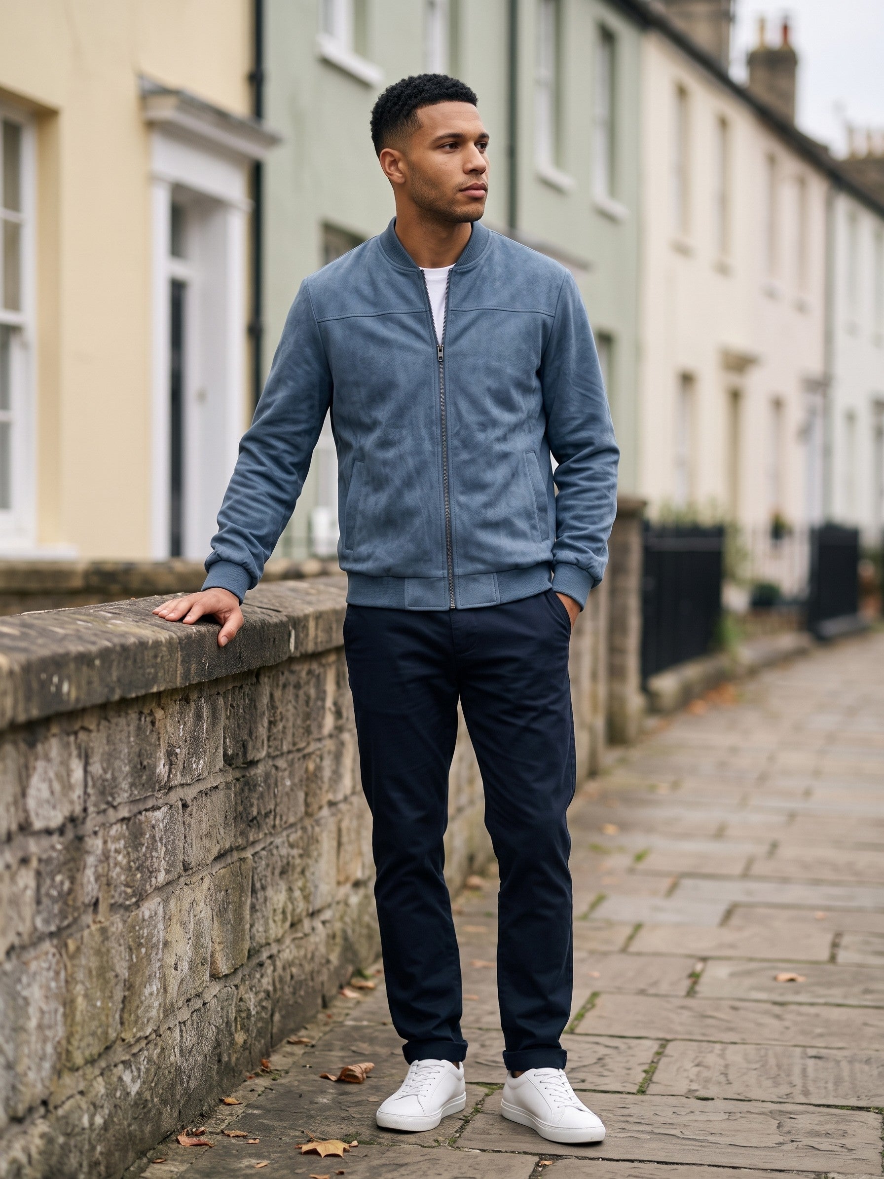 Latisana Men's Faux Suede Rib-Collar Bomber Jacket — oceanblue — lifestyle
