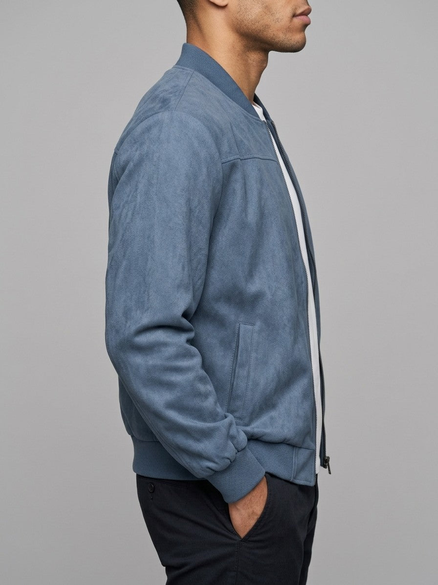 Latisana Men's Faux Suede Rib-Collar Bomber Jacket — oceanblue — side