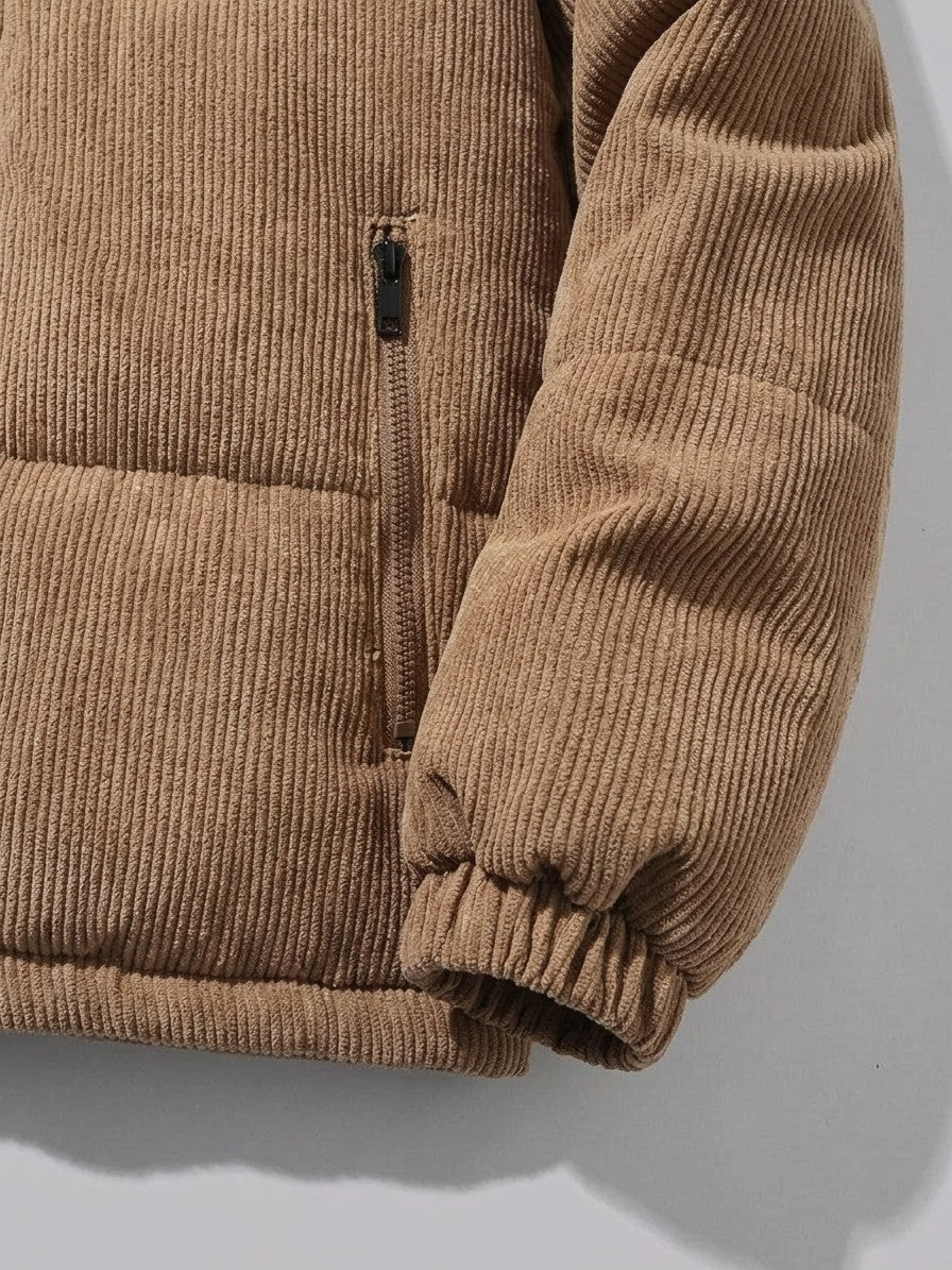 Lavagna Men's Corduroy Puffer Jacket — khaki — detail-collar