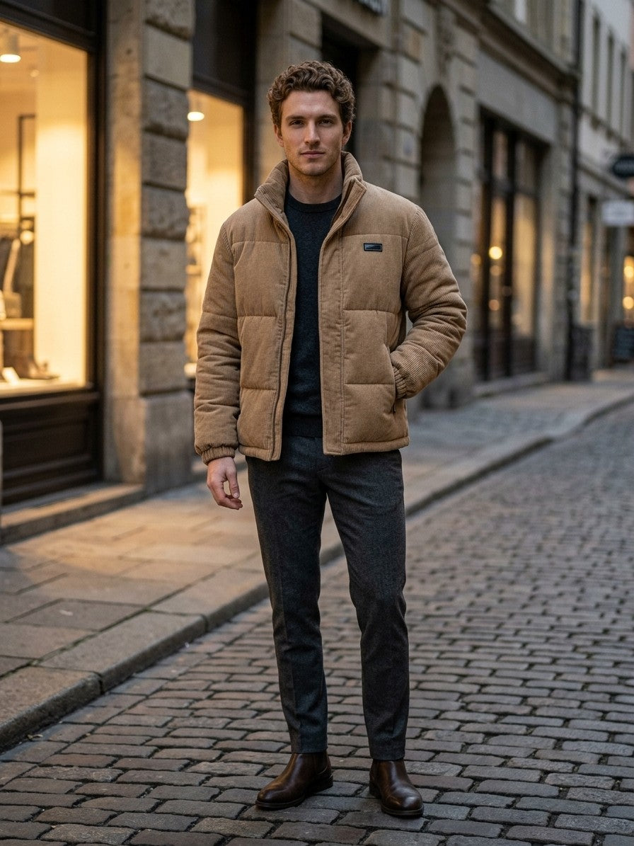 Lavagna Men's Corduroy Puffer Jacket — khaki — lifestyle