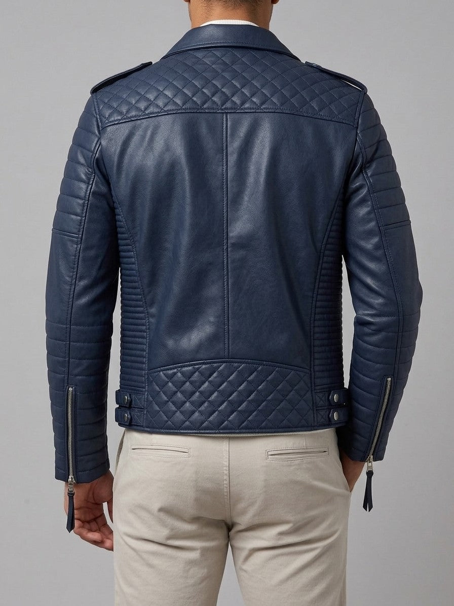Lavello Men's Quilted Multi-Zip Moto Jacket — navyblue — back