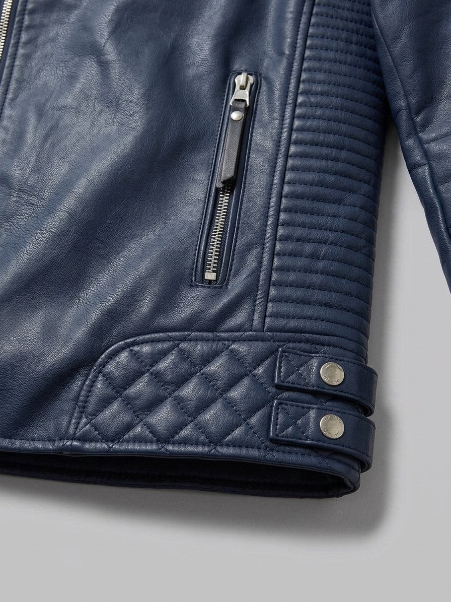 Lavello Men's Quilted Multi-Zip Moto Jacket — navyblue — detail-collar