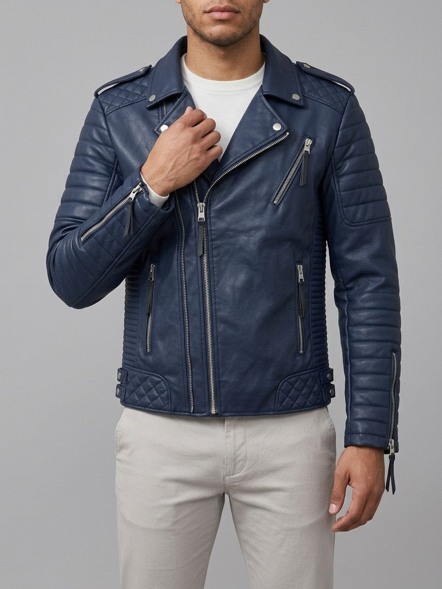 Lavello Men's Quilted Multi-Zip Moto Jacket — navyblue — front