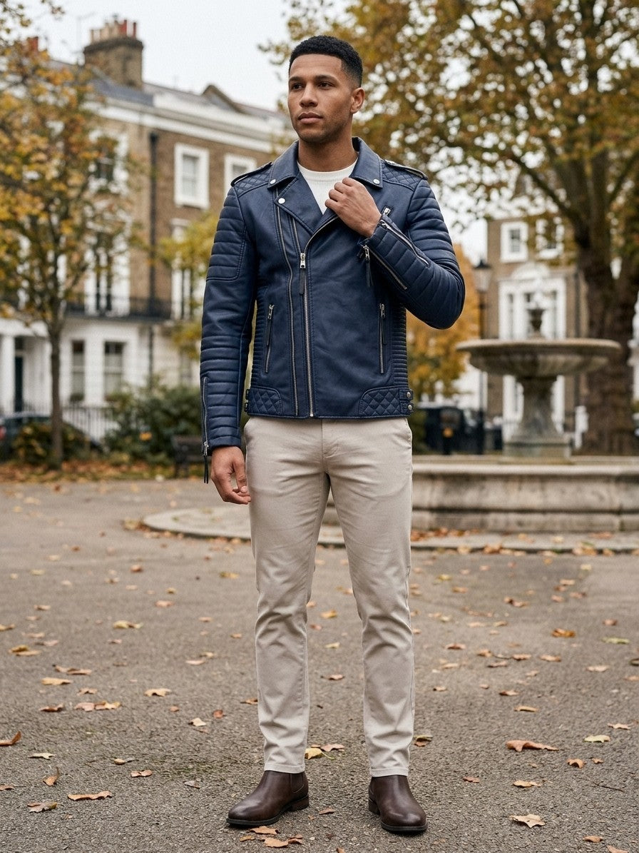 Lavello Men's Quilted Multi-Zip Moto Jacket — navyblue — lifestyle