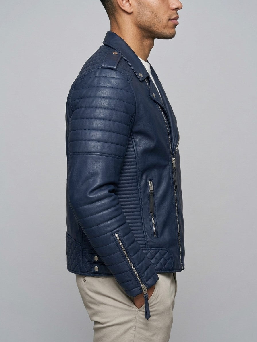 Lavello Men's Quilted Multi-Zip Moto Jacket — navyblue — side