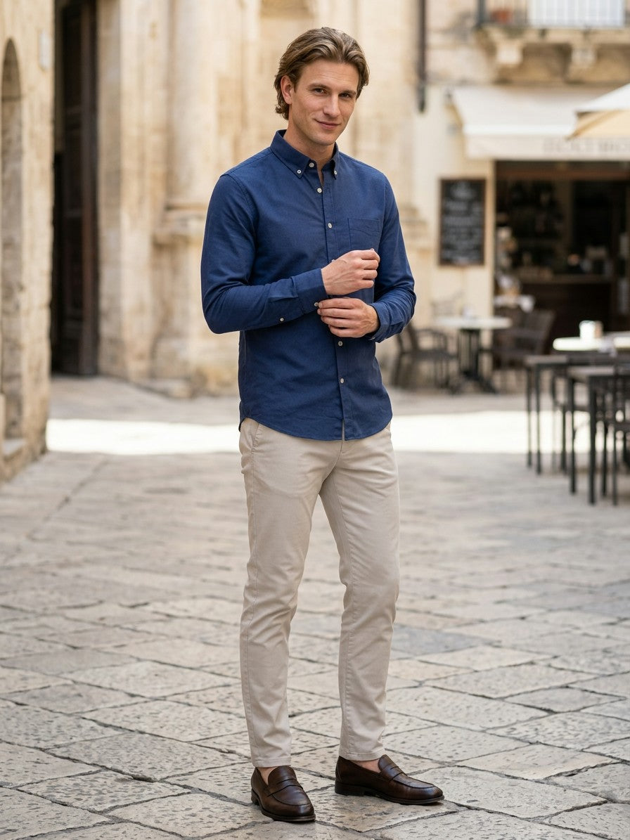 Lecce Men's Slim Button-Down Collar Shirt — navy — lifestyle
