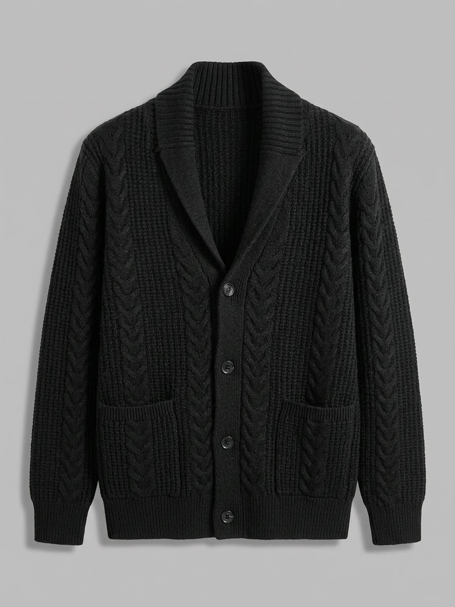 Lecco Men's Cable-Knit Button-Up Cardigan — black — packshot