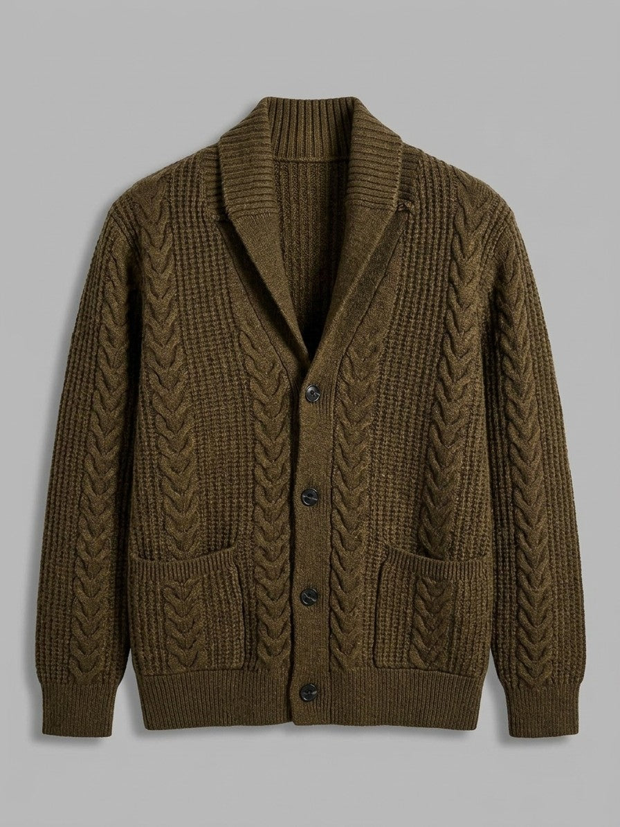 Lecco Men's Cable-Knit Button-Up Cardigan — coffeecolor — packshot