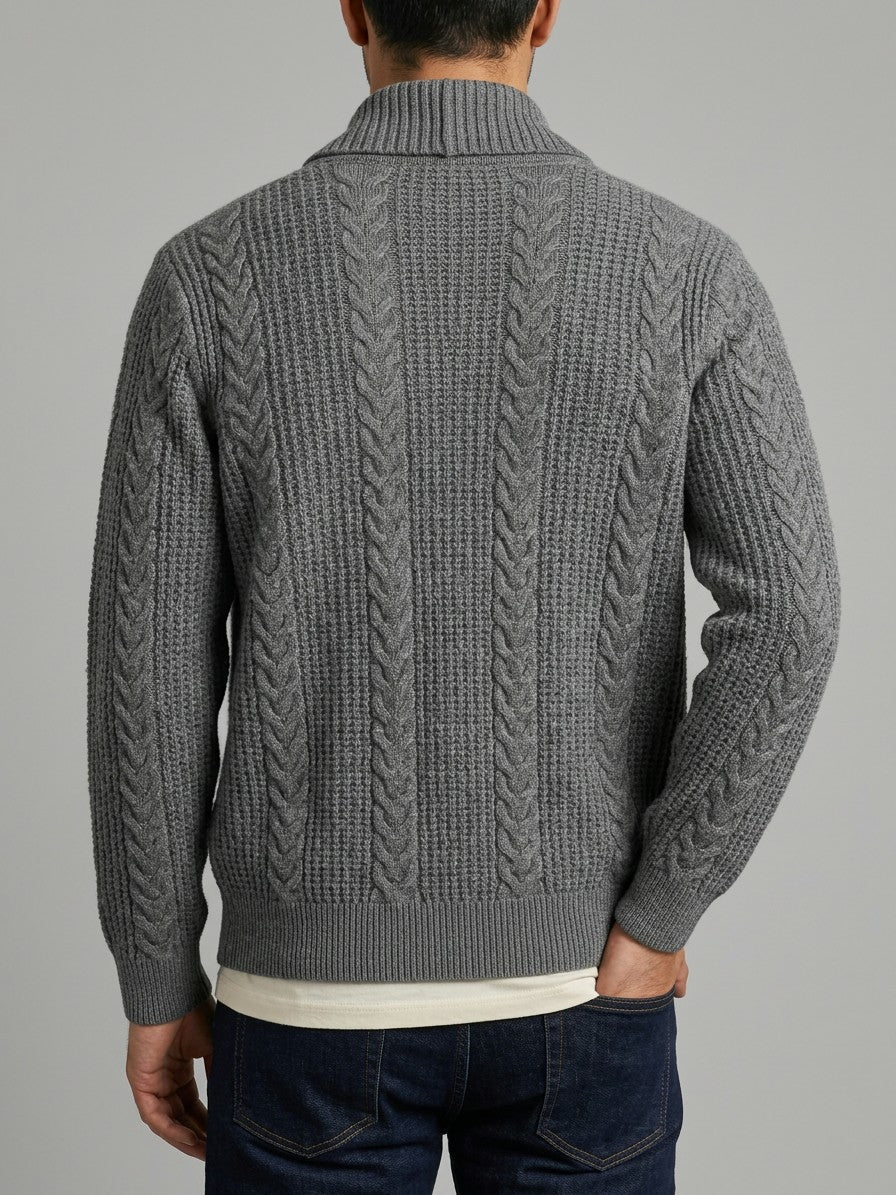Lecco Men's Cable-Knit Button-Up Cardigan — grey — back