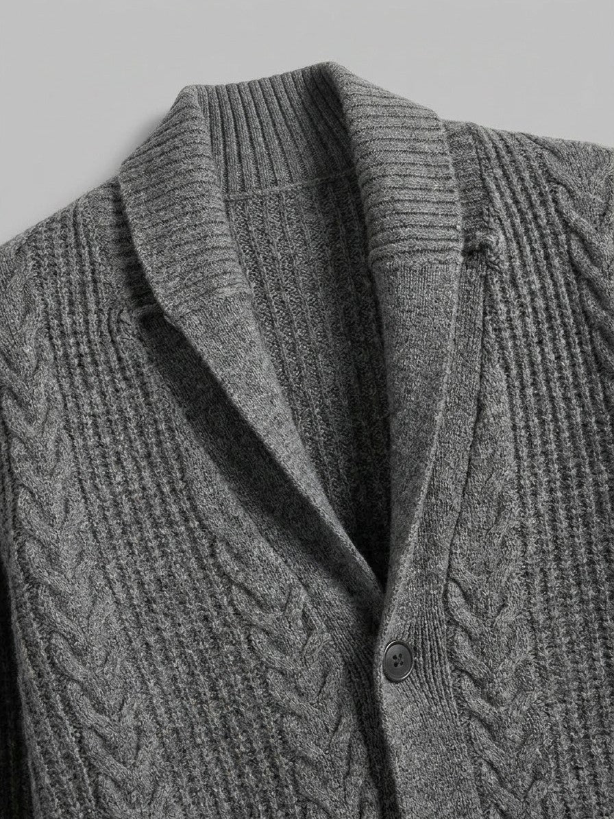 Lecco Men's Cable-Knit Button-Up Cardigan — grey — detail-2