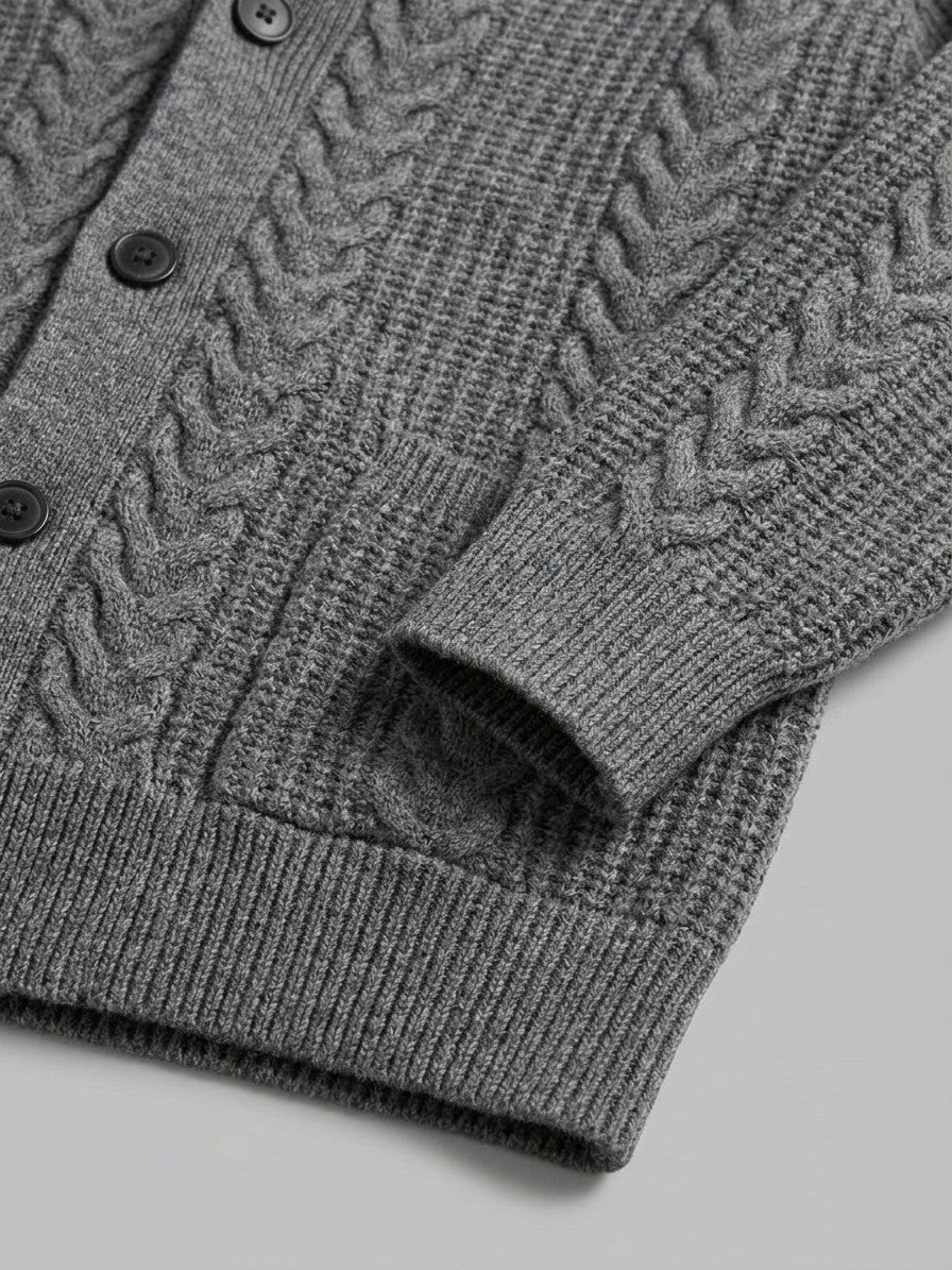 Lecco Men's Cable-Knit Button-Up Cardigan — grey — detail-collar