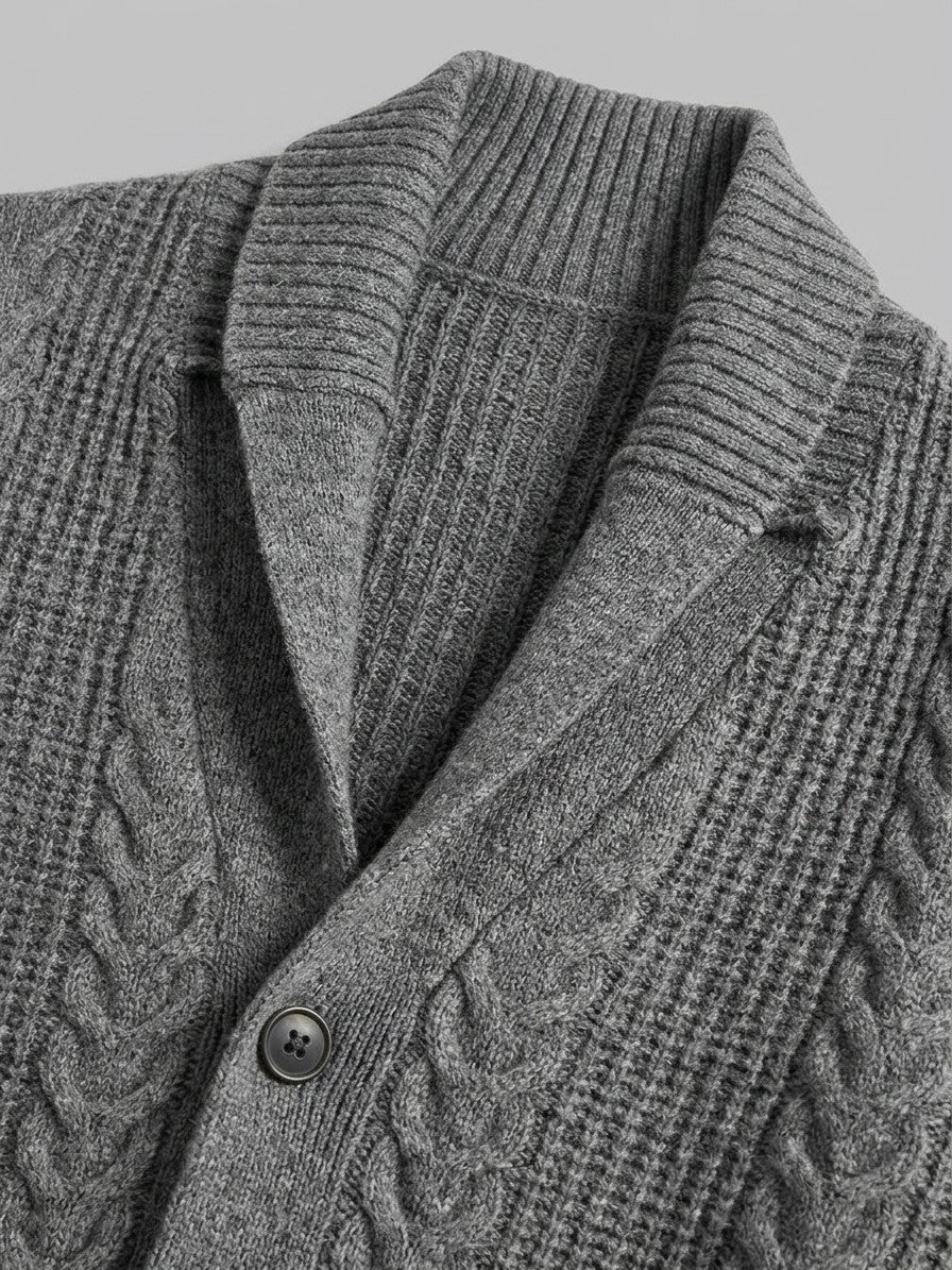 Lecco Men's Cable-Knit Button-Up Cardigan — grey — detail