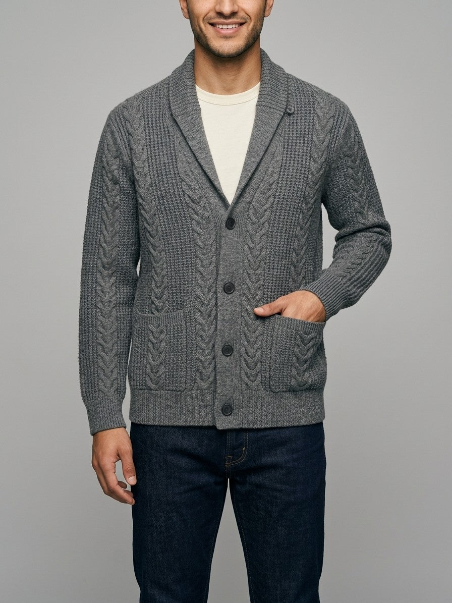 Lecco Men's Cable-Knit Button-Up Cardigan — grey — front