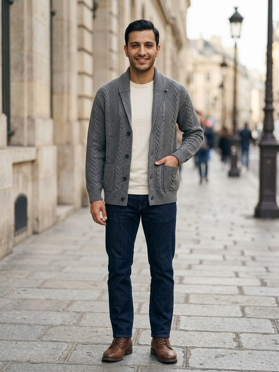 Lecco Men's Cable-Knit Button-Up Cardigan — grey — lifestyle