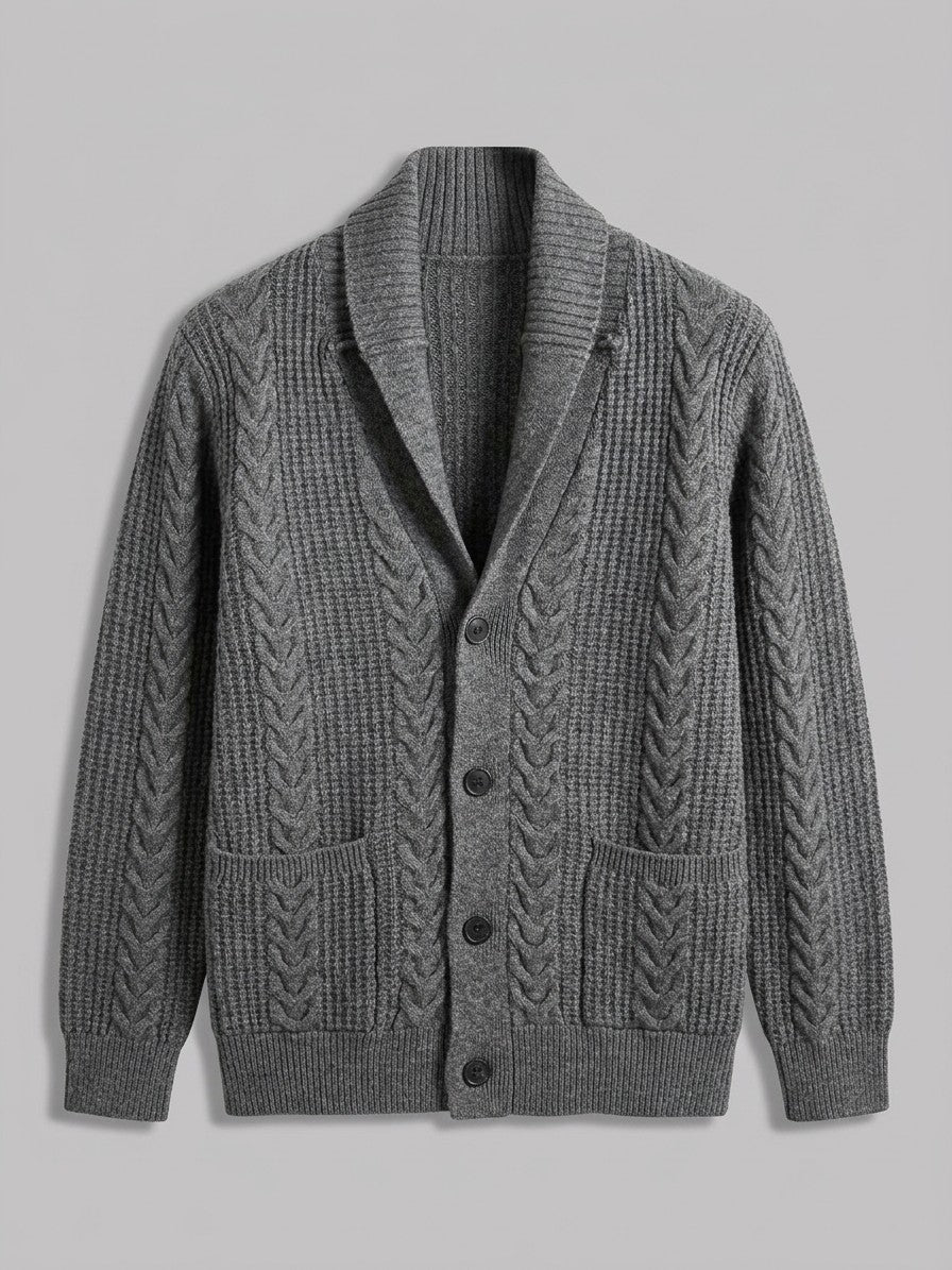 Lecco Men's Cable-Knit Button-Up Cardigan — grey — packshot