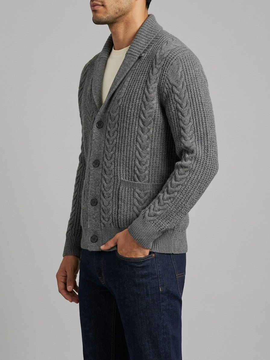 Lecco Men's Cable-Knit Button-Up Cardigan — grey — side
