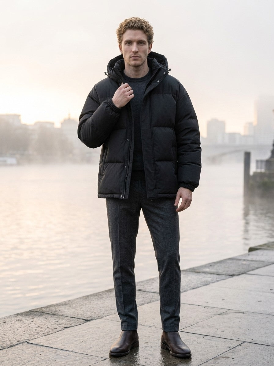 Legnano Men's Hooded Quilted Puffer Jacket — black — lifestyle