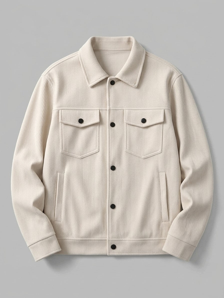Lenno Men's Ribbed Knit Snap Trucker Jacket — beige — packshot