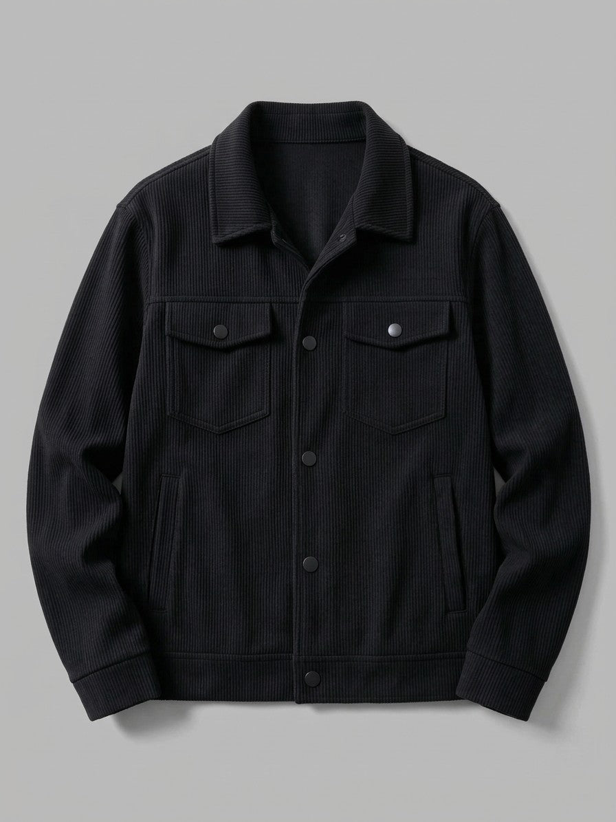 Lenno Men's Ribbed Knit Snap Trucker Jacket — black — packshot
