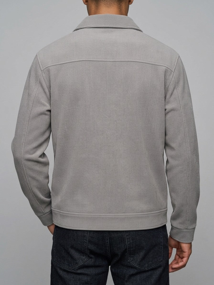 Lenno Men's Ribbed Knit Snap Trucker Jacket — grey — back